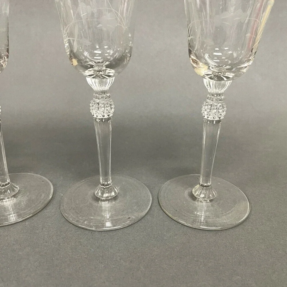 Wine Glasses Clear Glass Etched Roses Flowers Stemmed‎ 7